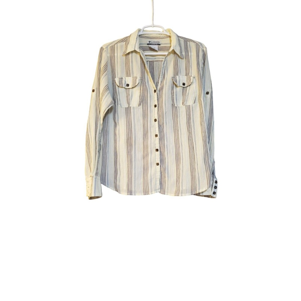 Columbia Sportswear Size XL V Neck Wood Buttons Striped Top Blouse Outdoors‎